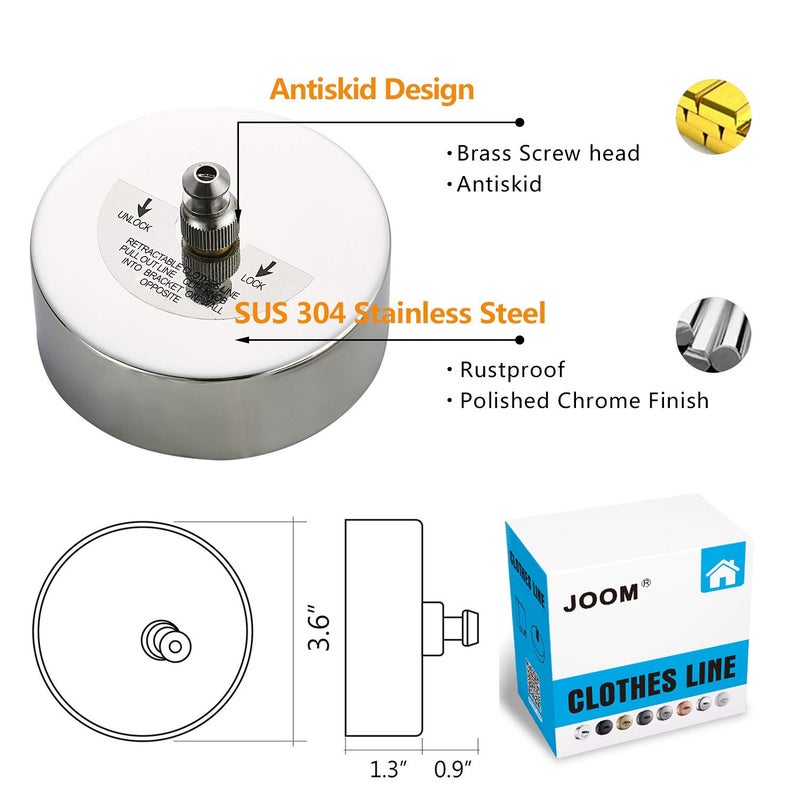 JOOM Retractable Clothesline Stainless Steel Heavy Duty 9Feet(MAX) for Hanging Drying in Bathroom Laundry Hotels, Chrome Finish,Round Style (Chrome A (Drill)) - Image 3